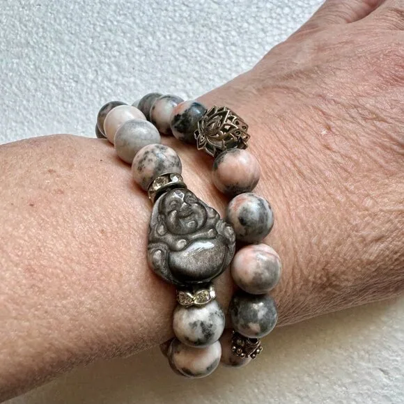 Shades of Grey! Beautiful Jasper Stretch Buddha Bracelet size 7 - Picture 5 of 8